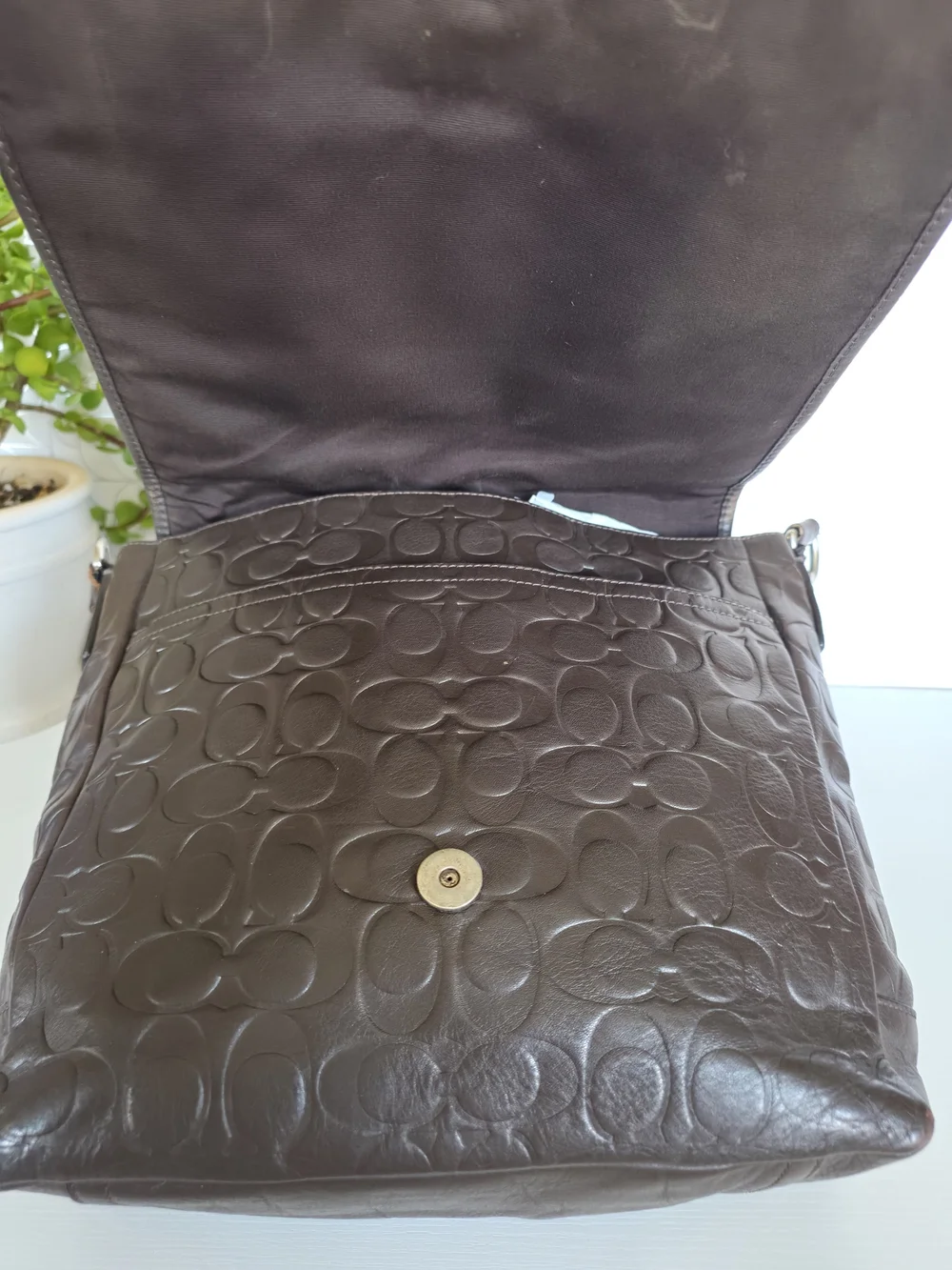 Coach Embossed Signature Messenger Bag - Dark Brown